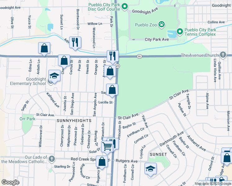 map of restaurants, bars, coffee shops, grocery stores, and more near 4001 Sage Street in Pueblo