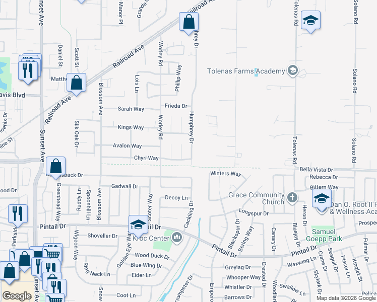 map of restaurants, bars, coffee shops, grocery stores, and more near 1012 Humphrey Drive in Suisun City