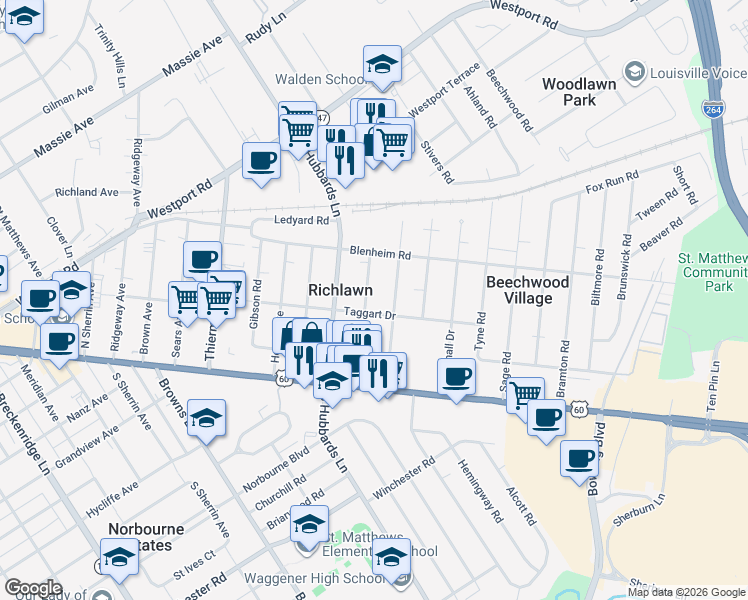 map of restaurants, bars, coffee shops, grocery stores, and more near 205 North Bonner Avenue in Louisville