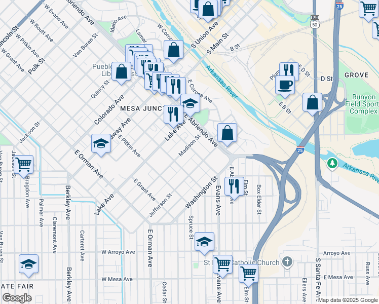 map of restaurants, bars, coffee shops, grocery stores, and more near 507 East Evans Avenue in Pueblo