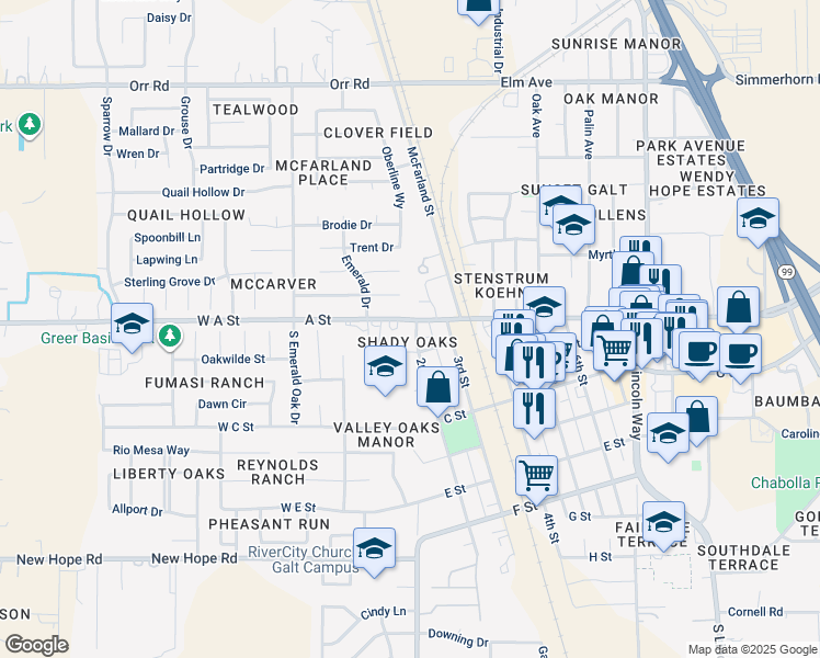 map of restaurants, bars, coffee shops, grocery stores, and more near 192 A Street in Galt