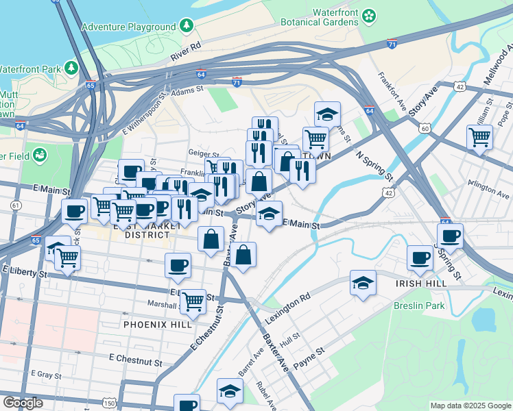 map of restaurants, bars, coffee shops, grocery stores, and more near 1022 Story Avenue in Louisville