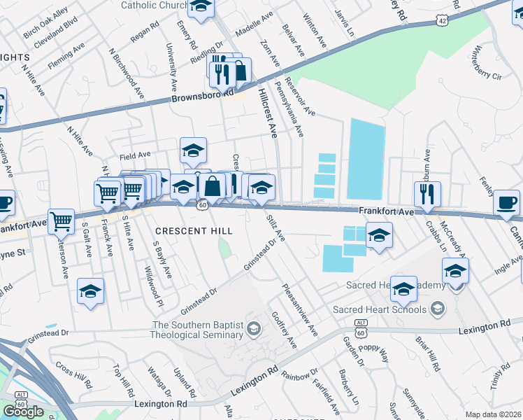 map of restaurants, bars, coffee shops, grocery stores, and more near 2910 Frankfort Avenue in Louisville