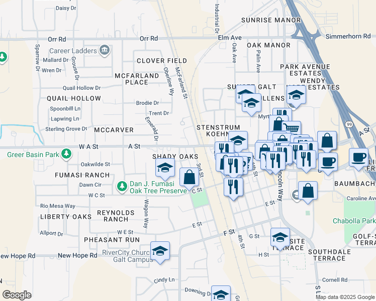 map of restaurants, bars, coffee shops, grocery stores, and more near 216 A Street in Galt