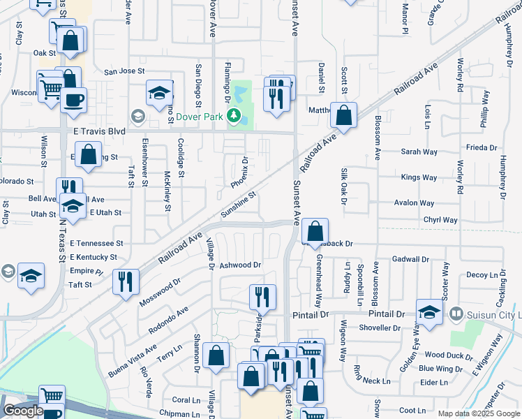 map of restaurants, bars, coffee shops, grocery stores, and more near 1129 Strawberry Lane in Suisun City
