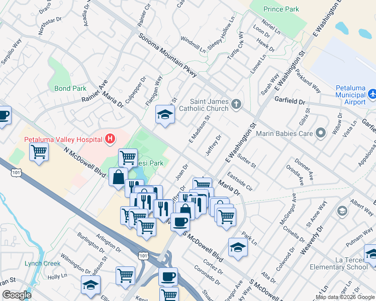 map of restaurants, bars, coffee shops, grocery stores, and more near 145 Penrod Drive in Petaluma