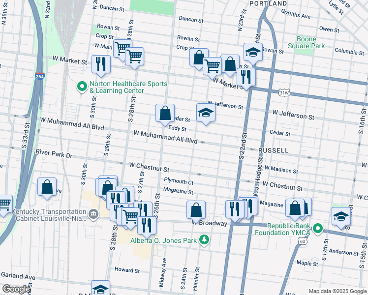 map of restaurants, bars, coffee shops, grocery stores, and more near 2414 Stone Alley in Louisville