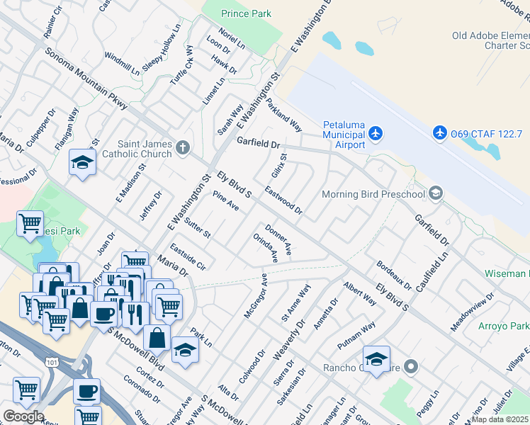map of restaurants, bars, coffee shops, grocery stores, and more near 408 Ely Blvd S in Petaluma