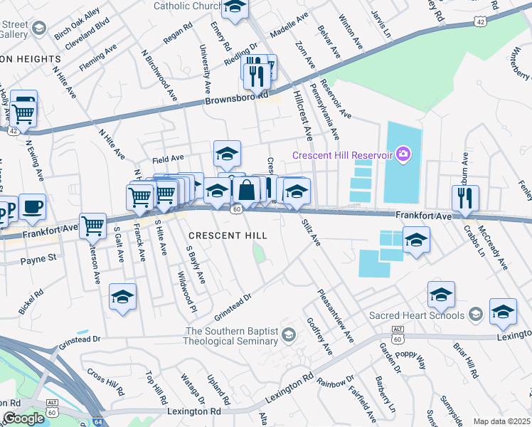 map of restaurants, bars, coffee shops, grocery stores, and more near 2870 Frankfort Avenue in Louisville
