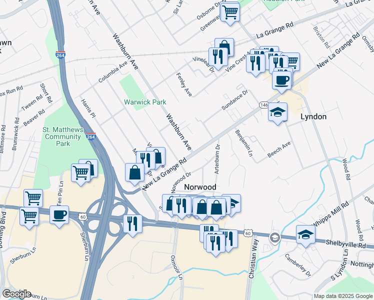 map of restaurants, bars, coffee shops, grocery stores, and more near 402 Washburn Avenue in Louisville