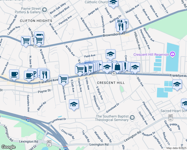 map of restaurants, bars, coffee shops, grocery stores, and more near 2722 Frankfort Avenue in Louisville