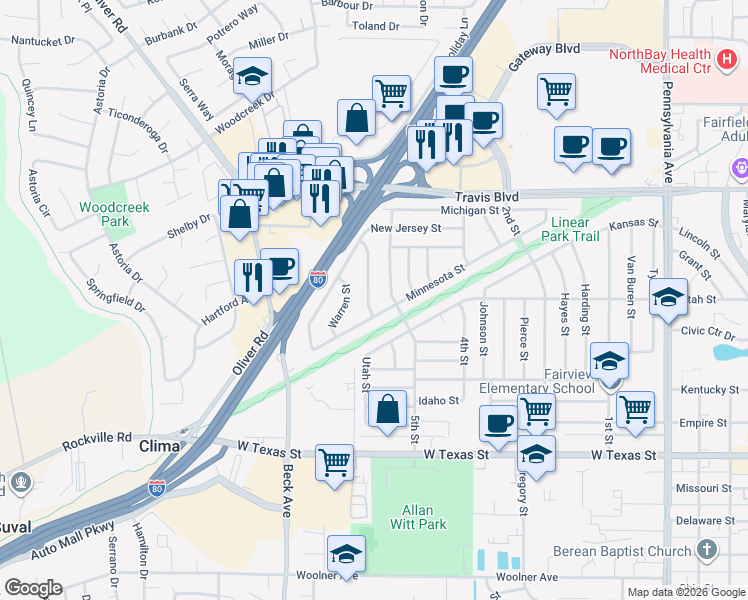 map of restaurants, bars, coffee shops, grocery stores, and more near 1024 Roosevelt Street in Fairfield