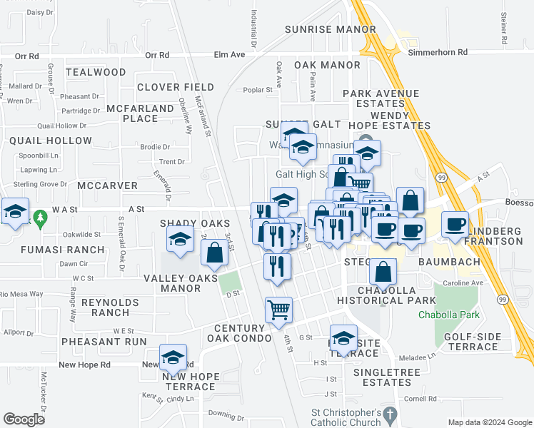 map of restaurants, bars, coffee shops, grocery stores, and more near 120 5th Street in Galt