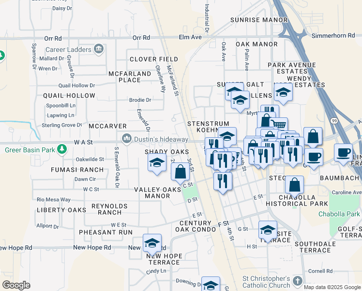 map of restaurants, bars, coffee shops, grocery stores, and more near 18 3rd Street in Galt