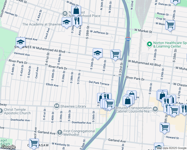 map of restaurants, bars, coffee shops, grocery stores, and more near 3516 River Park Drive in Louisville