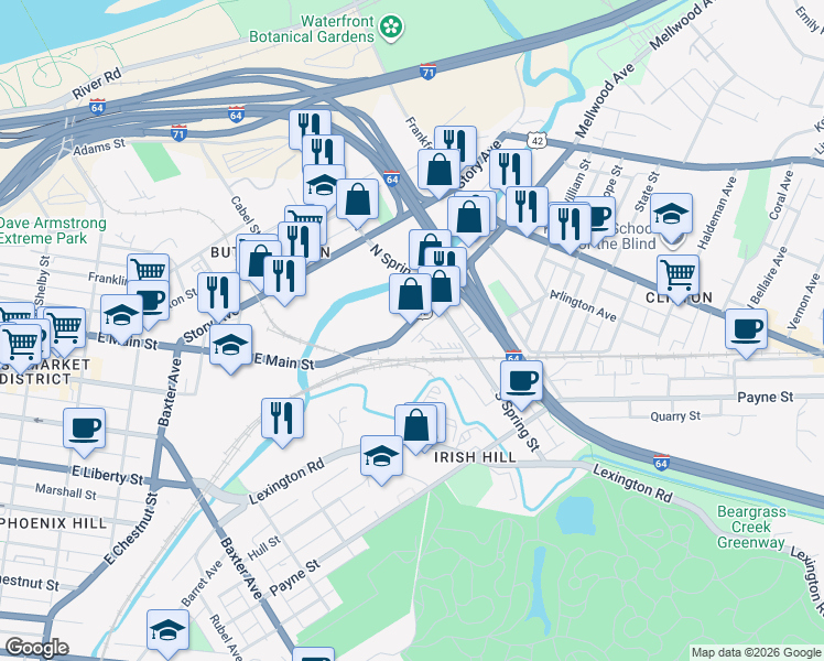 map of restaurants, bars, coffee shops, grocery stores, and more near 1430 Mellwood Avenue in Louisville