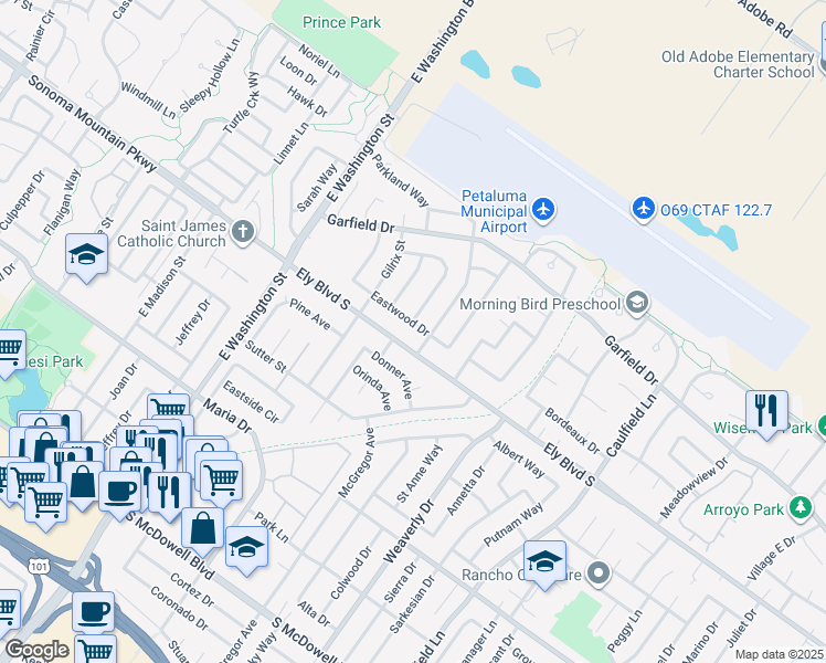 map of restaurants, bars, coffee shops, grocery stores, and more near 432 Eastwood Drive in Petaluma