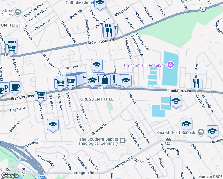 map of restaurants, bars, coffee shops, grocery stores, and more near 2866 Frankfort Avenue in Louisville