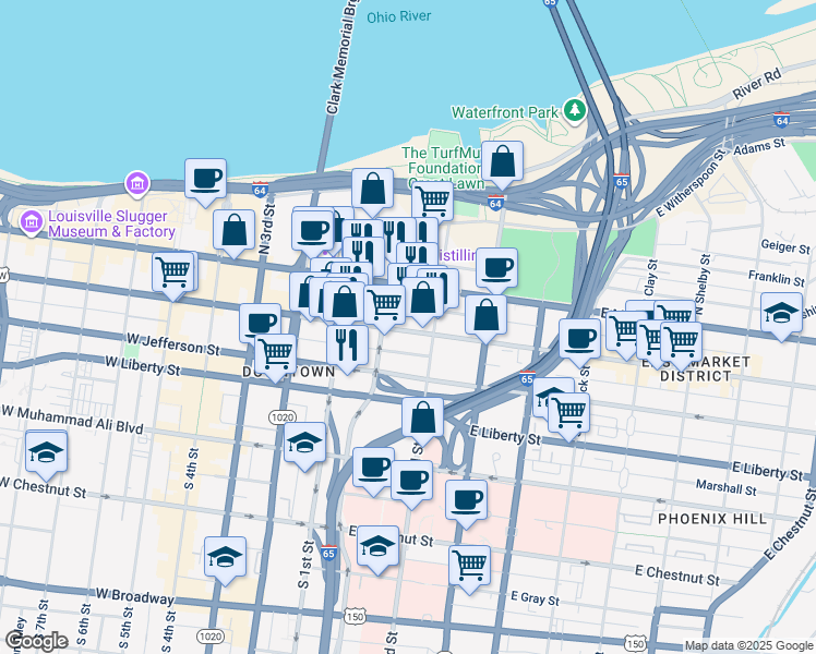 map of restaurants, bars, coffee shops, grocery stores, and more near 227E East Market Street in Louisville