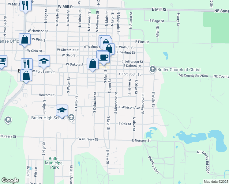 map of restaurants, bars, coffee shops, grocery stores, and more near 214 South Mechanic Street in Butler