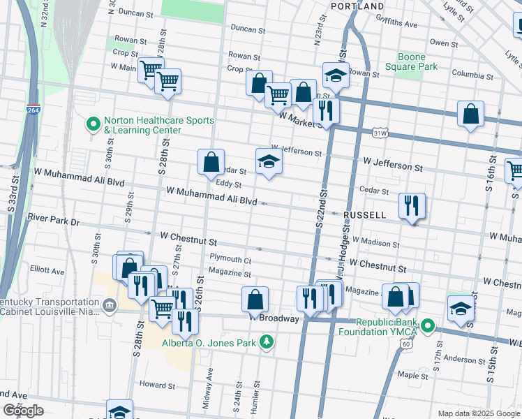 map of restaurants, bars, coffee shops, grocery stores, and more near 2340 West Muhammad Ali Boulevard in Louisville