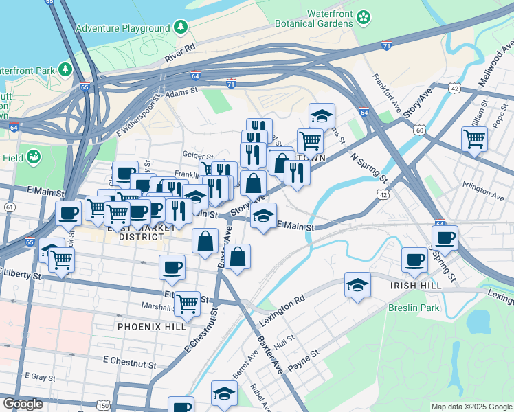map of restaurants, bars, coffee shops, grocery stores, and more near 1022 Story Avenue in Louisville