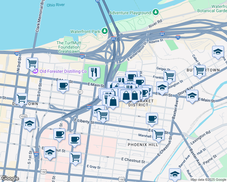 map of restaurants, bars, coffee shops, grocery stores, and more near 101 S Hancock St in Louisville