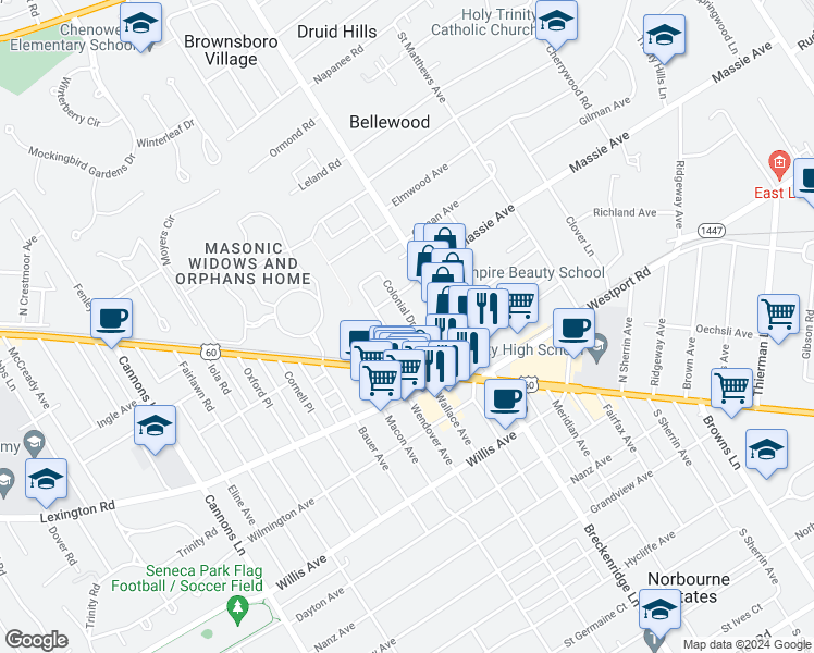 map of restaurants, bars, coffee shops, grocery stores, and more near 114 Colonial Drive in Louisville