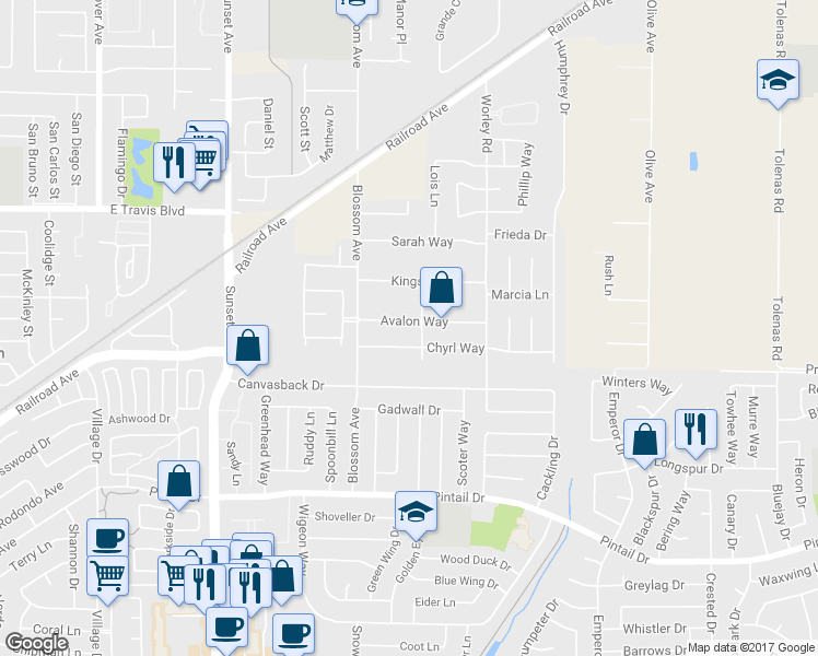 map of restaurants, bars, coffee shops, grocery stores, and more near 415 Avalon Way in Suisun City