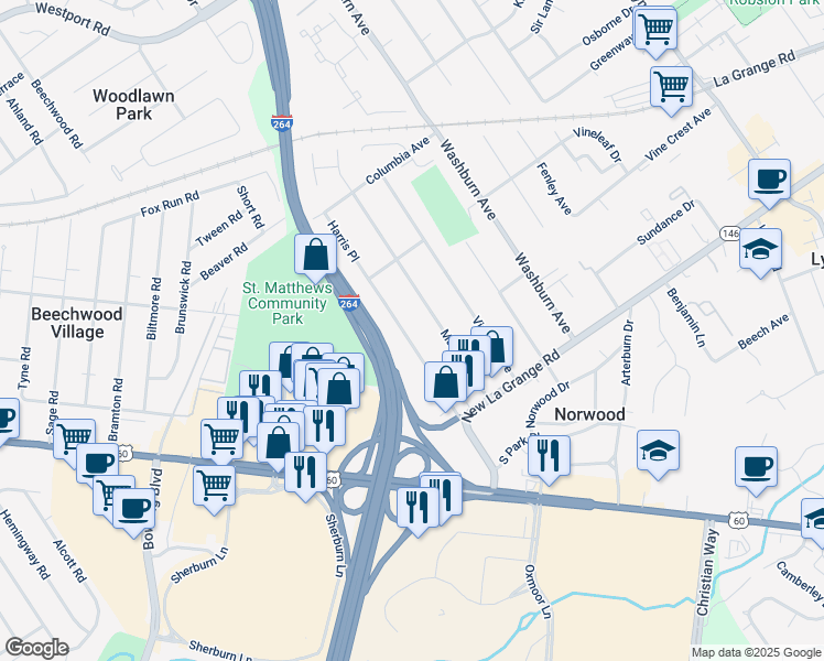 map of restaurants, bars, coffee shops, grocery stores, and more near 507 Harris Place in Louisville