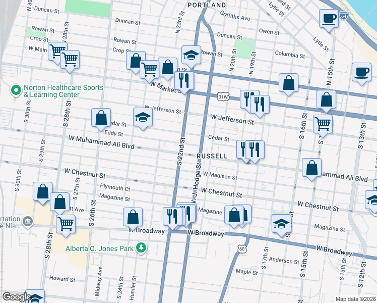 map of restaurants, bars, coffee shops, grocery stores, and more near 2117 West Muhammad Ali Boulevard in Louisville