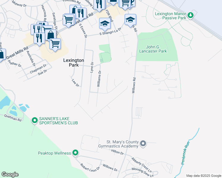 map of restaurants, bars, coffee shops, grocery stores, and more near 46820 Bryan Road in Lexington Park
