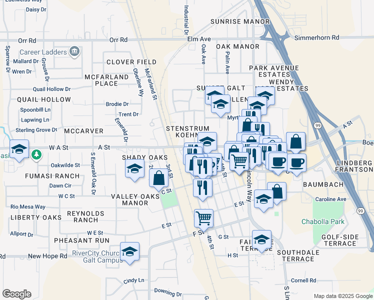 map of restaurants, bars, coffee shops, grocery stores, and more near 103 4th Street in Galt