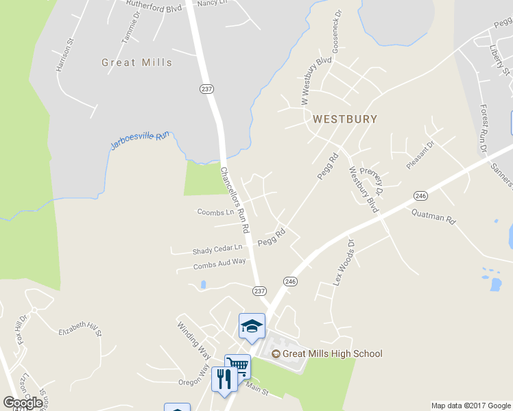 map of restaurants, bars, coffee shops, grocery stores, and more near 21358 Village Court in Great Mills