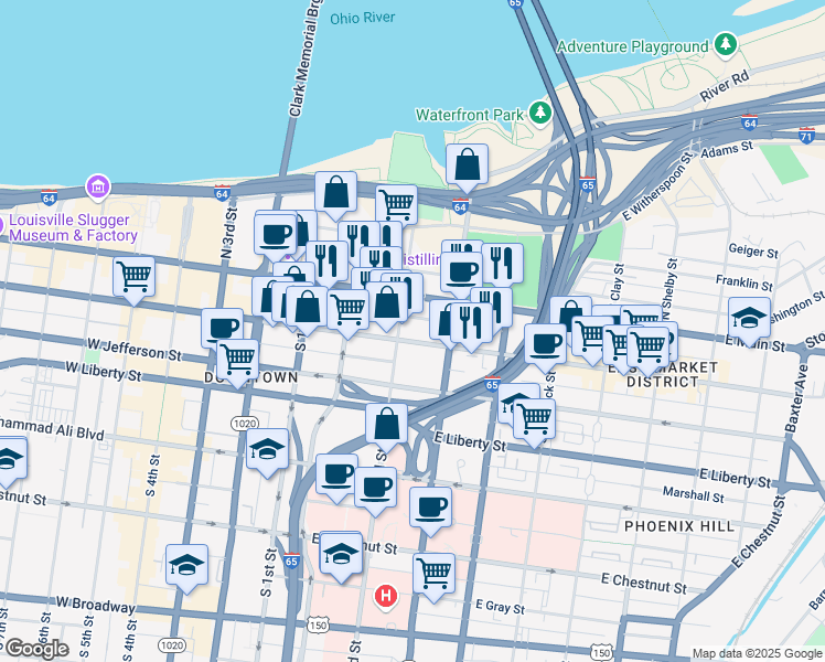 map of restaurants, bars, coffee shops, grocery stores, and more near 309 East Market Street in Louisville