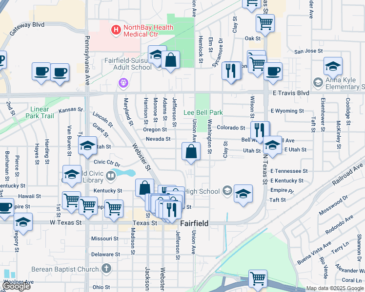 map of restaurants, bars, coffee shops, grocery stores, and more near 642 Utah Street in Fairfield