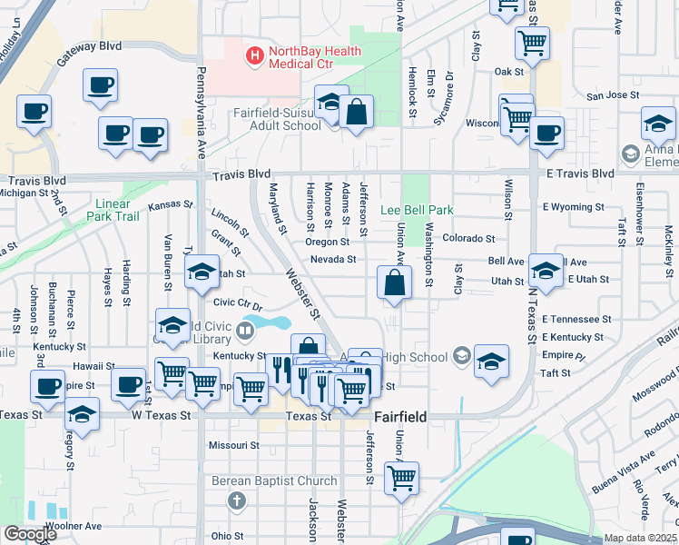 map of restaurants, bars, coffee shops, grocery stores, and more near 716 Utah Street in Fairfield