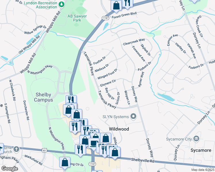 map of restaurants, bars, coffee shops, grocery stores, and more near 9601 Bay Hill Drive in Louisville