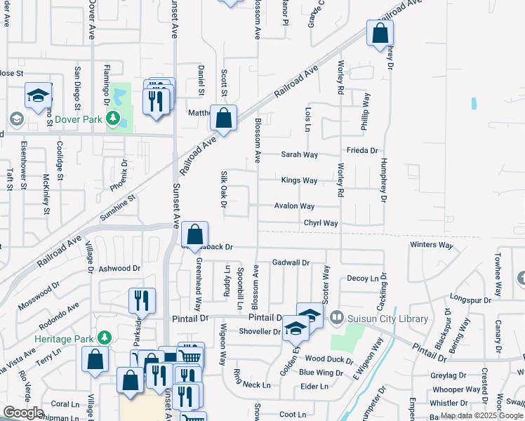 map of restaurants, bars, coffee shops, grocery stores, and more near 1101 Blossom Avenue in Suisun City