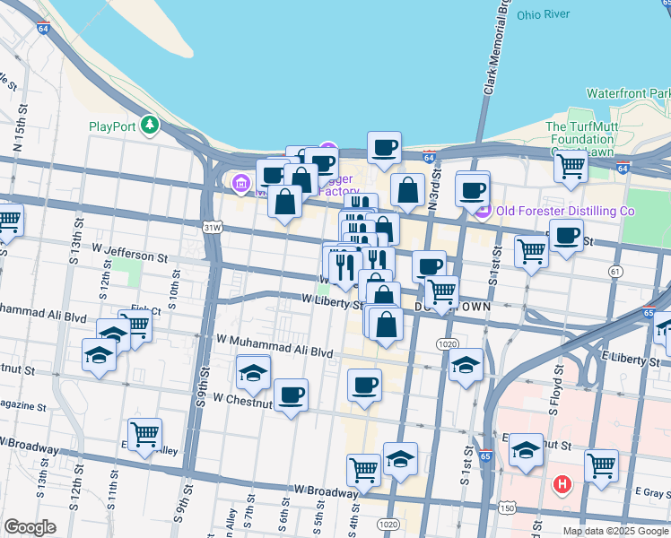 map of restaurants, bars, coffee shops, grocery stores, and more near 527 West Jefferson Street in Louisville
