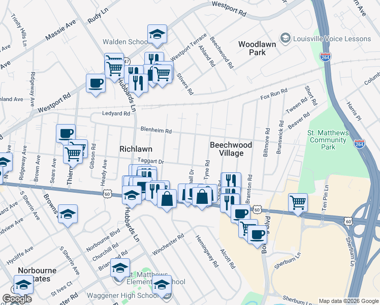 map of restaurants, bars, coffee shops, grocery stores, and more near 208 Marshall Drive in Louisville