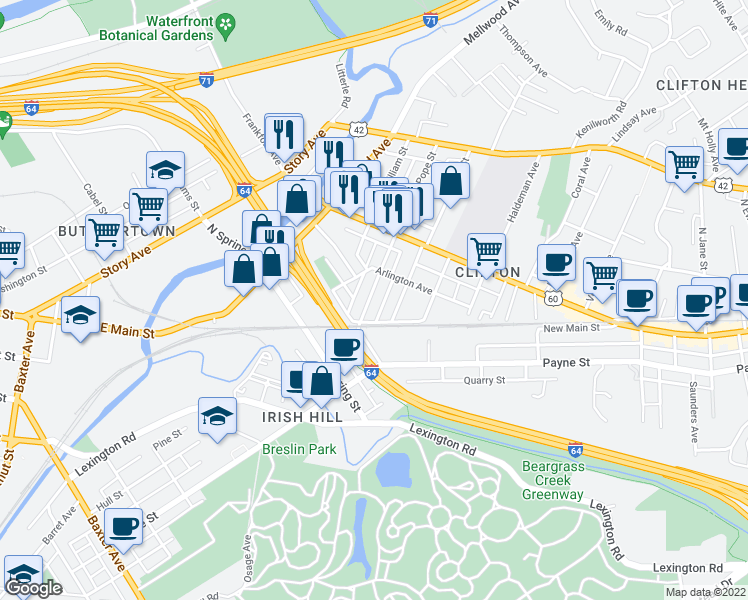 map of restaurants, bars, coffee shops, grocery stores, and more near 125 Pope Street in Louisville