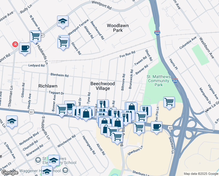 map of restaurants, bars, coffee shops, grocery stores, and more near 227 Ring Road in Louisville