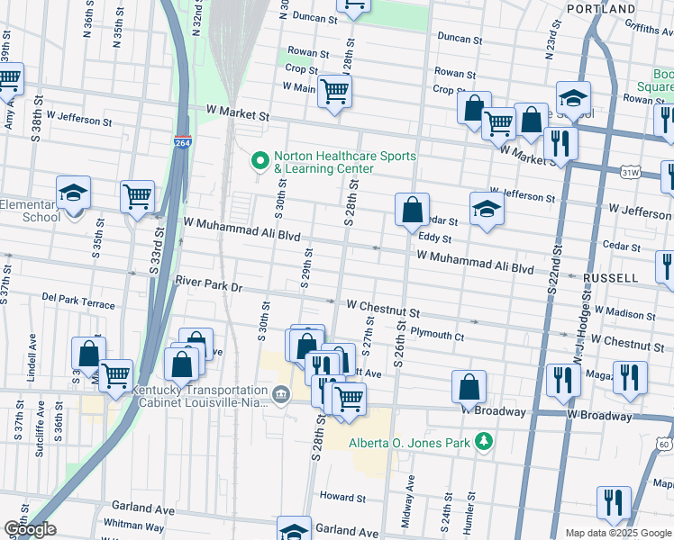 map of restaurants, bars, coffee shops, grocery stores, and more near 2727 West Madison Street in Louisville
