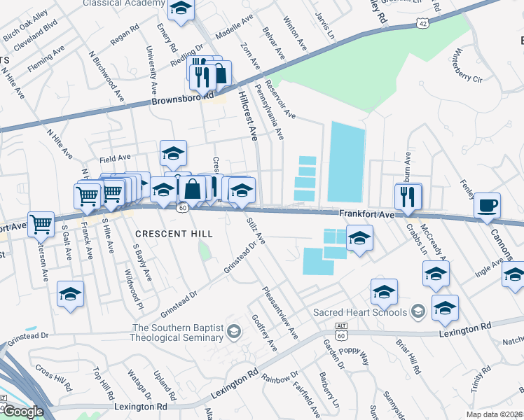 map of restaurants, bars, coffee shops, grocery stores, and more near Frankfort Avenue & Hillcrest Avenue in Louisville