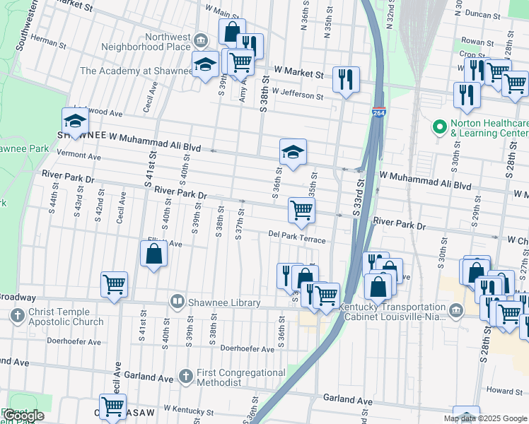 map of restaurants, bars, coffee shops, grocery stores, and more near 3624 River Park Drive in Louisville