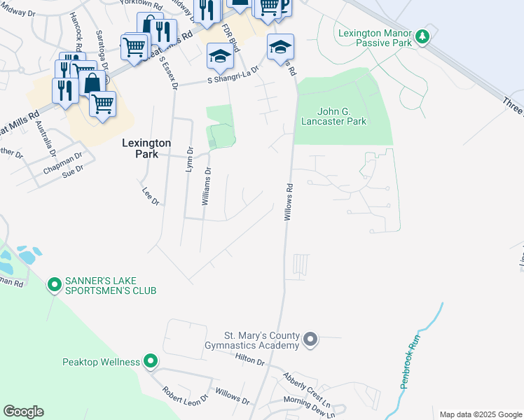 map of restaurants, bars, coffee shops, grocery stores, and more near 46850 Planters Court in Lexington Park