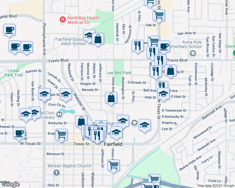 map of restaurants, bars, coffee shops, grocery stores, and more near 1130 Union Avenue in Fairfield