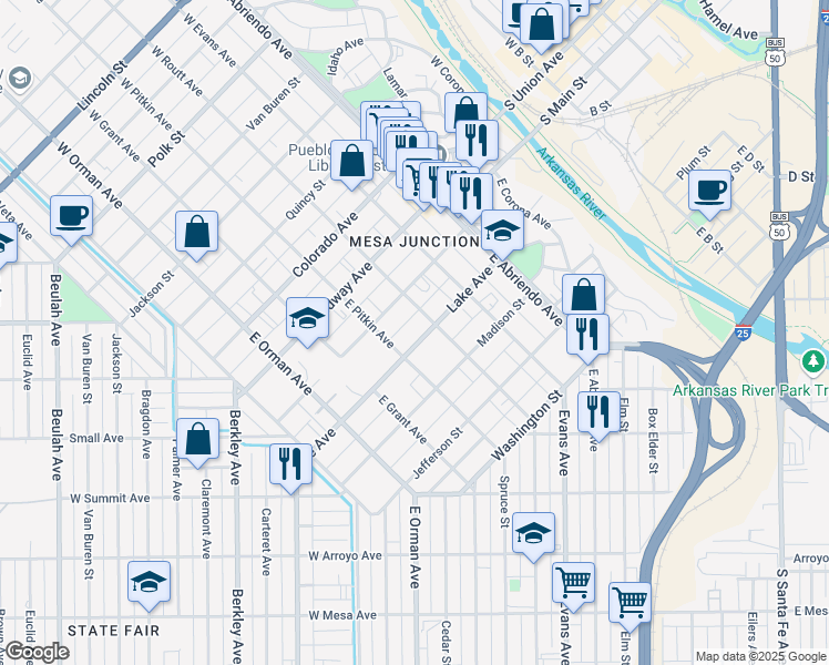 map of restaurants, bars, coffee shops, grocery stores, and more near 315 Lake Avenue in Pueblo