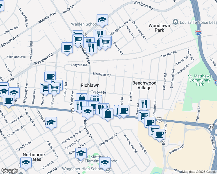 map of restaurants, bars, coffee shops, grocery stores, and more near 207 McArthur Dr in Louisville